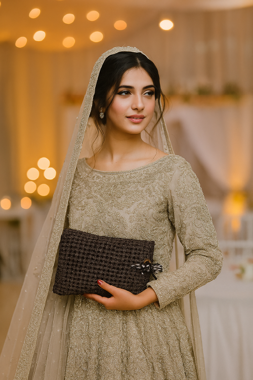Woman in a traditional outfit holding a clutch with a blurred background