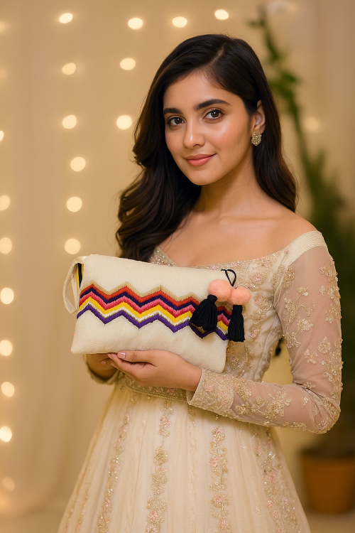 Woman holding a colorful clutch with a blurred lights background