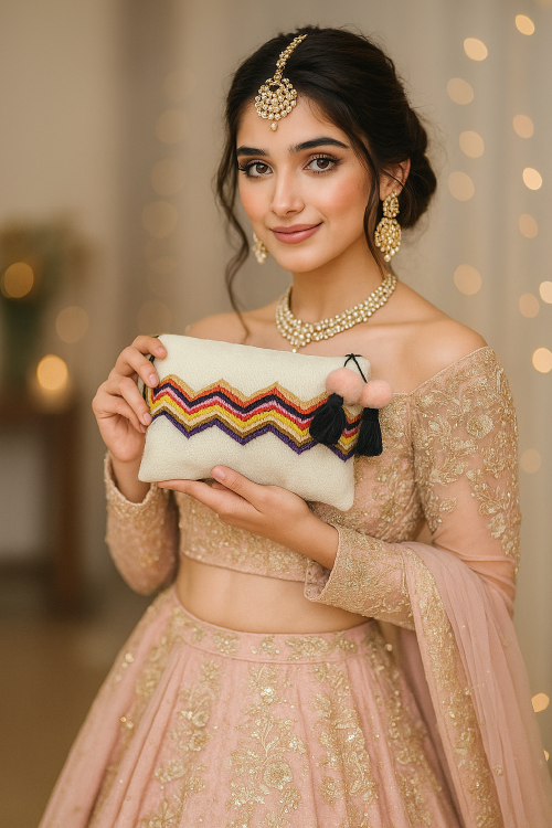 Woman in traditional outfit holding a colorful clutch with blurred lights in the background