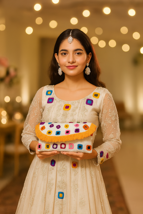 Woman holding a colorful clutch with a blurred background of lights